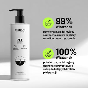 Żel myjący Routines STEP 1 w otoczeniu innych produktów pielęgnacyjnych marki